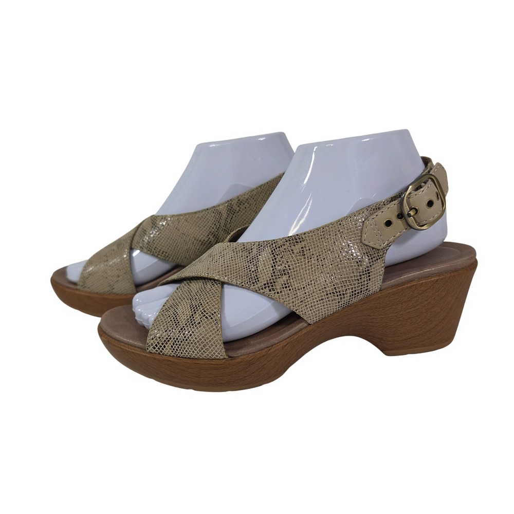 Dansko Jacinda Sandals 38 Taupe Snake Print Leather Crossover Slingback Wedge